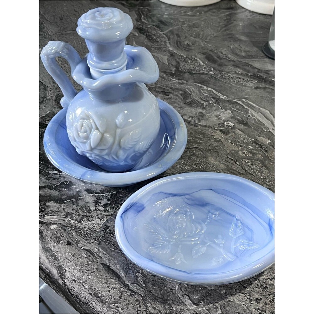 Vintage Avon 1978/1979 Blue Slag Glass Vanity Set 3-Pc Mint